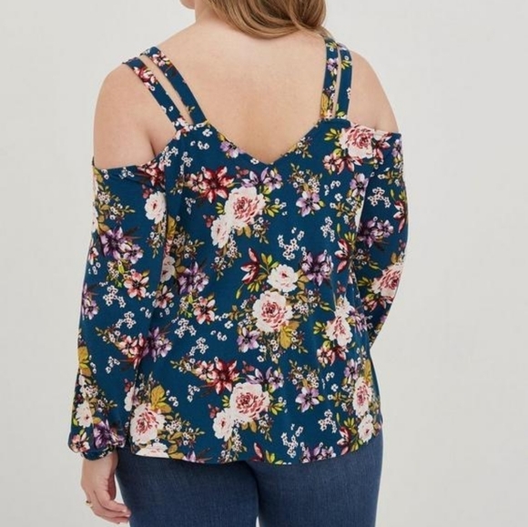 Torrid V-Neck Cut-Out Cold Shoulder Floral Top 3XL Navy - Picture 5 of 12